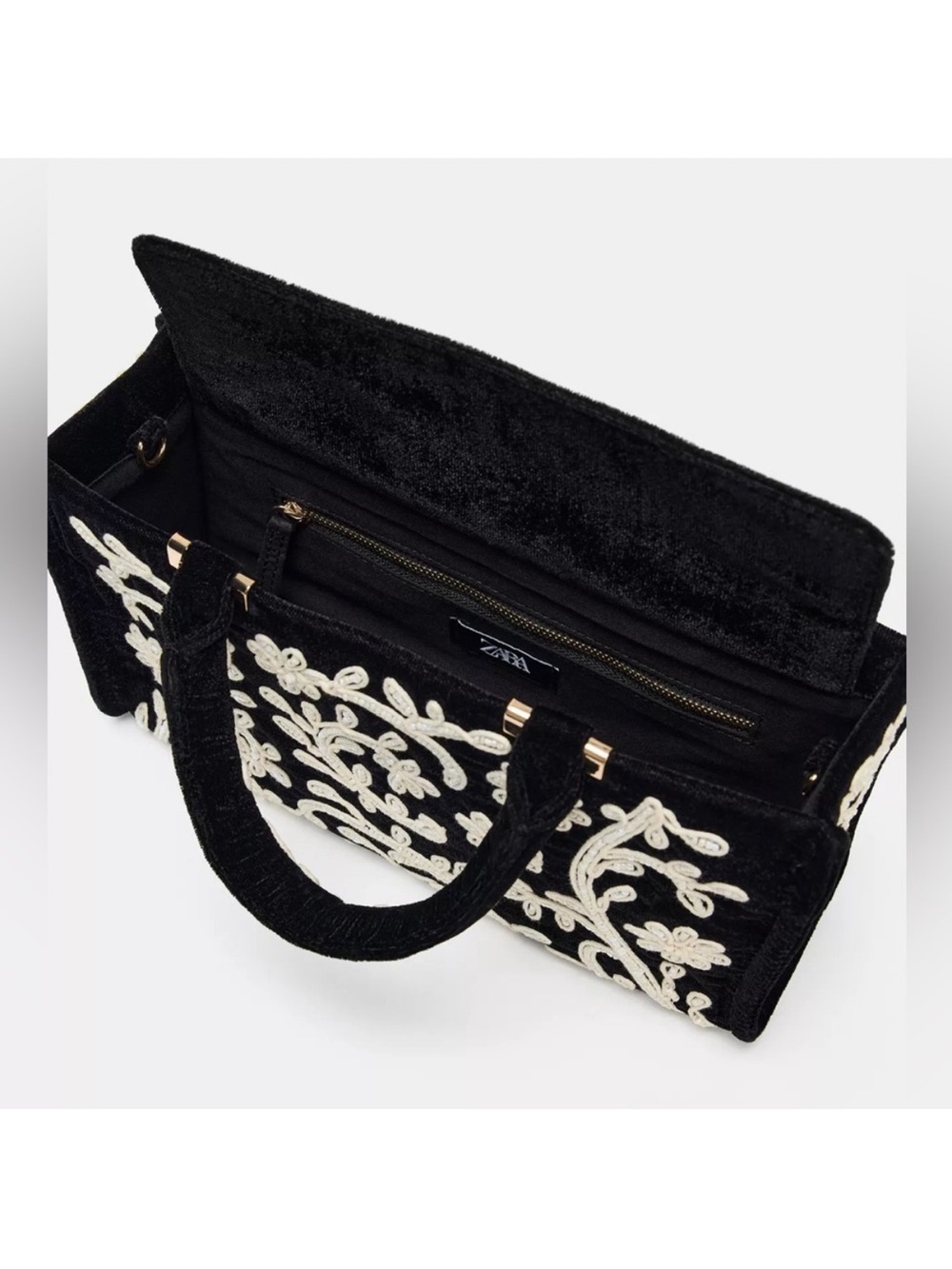 Zara Black Mini Handbag with White Floral Embroidery - Picture 5 of 5